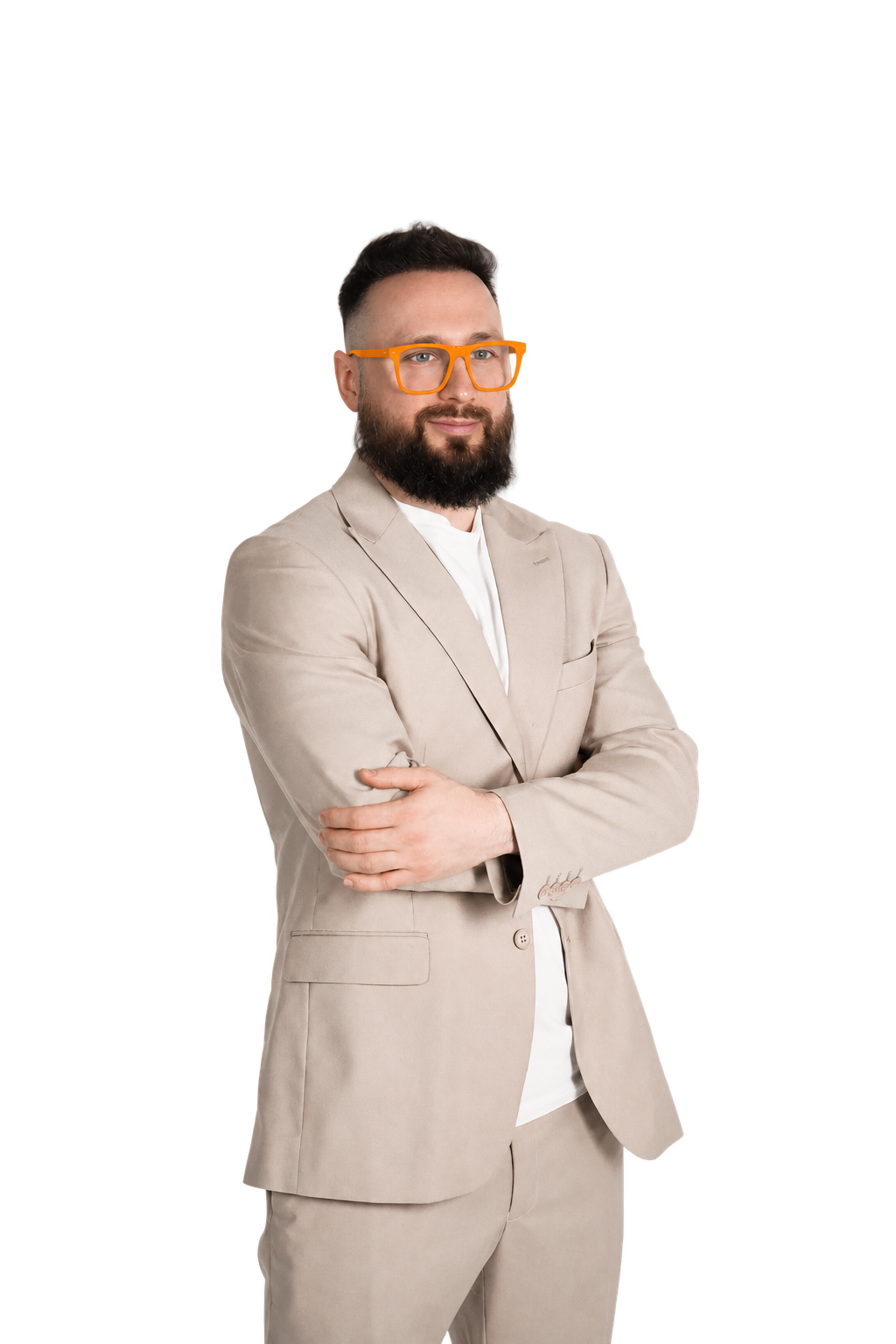 Oleksandr Strelnikov в светлом костюме и оранжевых очках